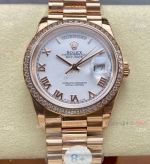 8+ Factory Rolex Gain weight 36mm DayDate Rose Gold Roman Replica Watch with Diamonds